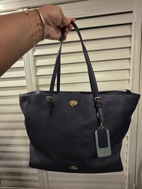 Navy Leather Tote Bag with Gold Accents
